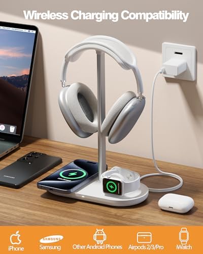 Transform Your Gaming Experience with the Hi We 3-in-1 Premium Headphone Stand & Wireless Charging Dock – Universal Desktop Organizer for Headphones, Air Pods, and Smartwatches – Durable Aluminum Alloy with Elegant Leather Pad and Stable ABS Base – Quick Charge Functionality for All Your Essential Devices