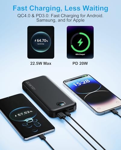 Ultra-Fast Portable Phone Charger with 12000 m Ah Capacity – All-in-One Power Bank with Integrated Cables, Wall Plug, and LED Display for i Phone, i Pad, Samsung – Essential Travel Companion for Uninterrupted Connectivity