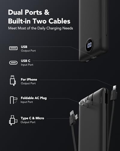 Sleek VRURC 10,000 m Ah Portable Charger with Built-in Wall Plug – Rapid 22.5 W USB Power Bank for Ultimate Travel Convenience – Slim Profile, 4 Outputs & Dual Inputs for Multi-Device Charging – Essential USB-C Compatible Travel Accessory in White