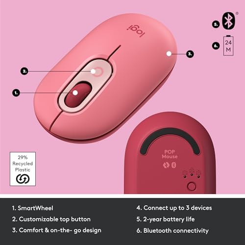 Logitech POP Wireless Mouse in Heartbreaker Rose – Customizable Emojis, Silent Click Technology, Precision Scrolling & Multi-Device Compatibility for Effortless Navigation and Personal Expression