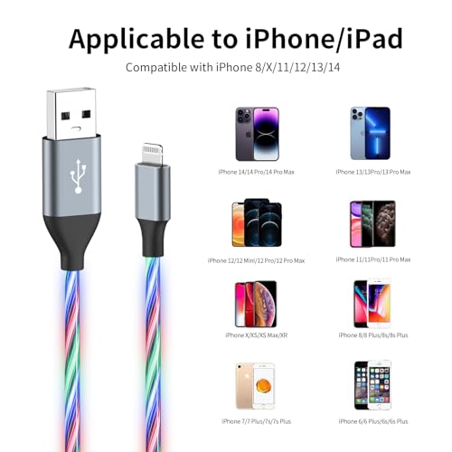 Illuminate Your Charging Experience: 6 ft LED Light-Up MFi Certified i Phone Charger Cable – Fast Charging for i Phone 14, 13, 12, 11 Pro Max, XR, X, SE, 8 Plus, i Pad & i Pod (Vibrant Purple) – Stylish, Durable, and Convenient Performance