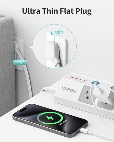Ultra-Thin 10 Ft Flat Plug Power Strip with Individual Switches – 5-Outlet Surge Protector featuring 2 USB-C (20 W PD) & 2 USB-A Ports, 1700 Joules Surge Protection, Wall-Mount Design for Home and Office – Optimize Your Power Management with Enhanced Speed and Safety