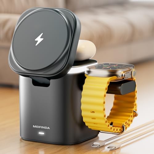 Ultimate 3-in-1 Magnetic Wireless Charging Station for i Phone, Apple Watch & Air Pods – Fast 65 W Travel Charger with Mag Safe Compatibility, Compact Design for Effortless Portability and Seamless Device Management