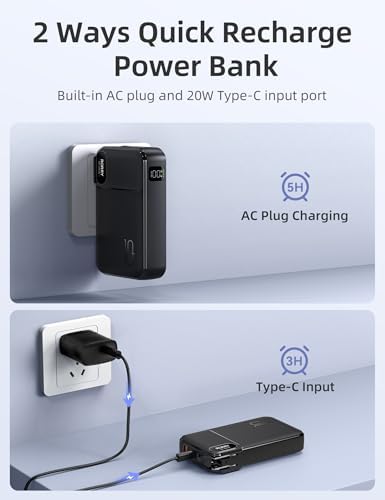 10000 m Ah RORRY Portable Charger with Built-in Cables & AC Wall Plug – Ultra-Fast 22.5 W Power Bank for i Phone 16/15/14, Samsung Galaxy S24/S23/S22, Google Pixel, LG, i Pad – Exceptional Travel Companion with Multi-Device Charging Capability and Enhanced Compatibility