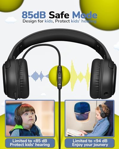 Premium Volume-Limiting Kids Wired Headphones with Microphone – Ultimate Hearing Protection at 85/94 d B – Foldable On-Ear Design for Effortless Travel – Perfect for Learning, Gaming, and Entertainment – Universal 3.5 mm Compatibility for All Devices