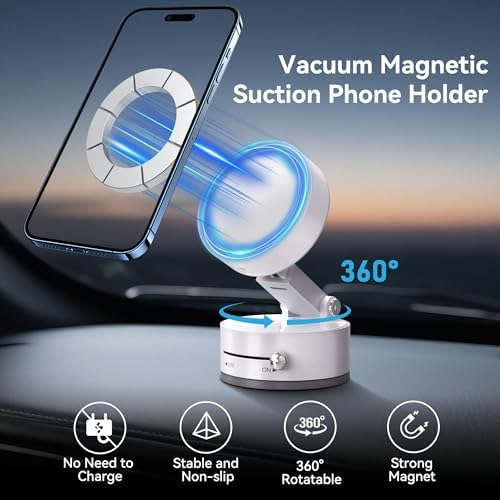 Magnetic Car Phone Mount – Ultra Strong Vacuum Suction Phone Holder for Dashboard/Windshield, Foldable 360° Adjustable Car Phone Mount Compatible with iPhone 16/15/14 & All Smartphones-817001A – Enhanced Compatibility and Speed