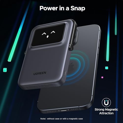 UGREEN Uno Magnetic Power Bank – 5000 m Ah Wireless Charger with 20 W Fast Charging, Foldable Stand & TFT Display for i Phone 16/15/14/13/12 Series – Ultimate On-the-Go Power Solution in Sleek Black Design