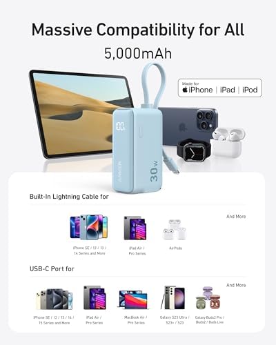 ANKER 3-in-1 Portable Power Bank with USB-C Charger Block – 5,000 m Ah Fast Charging Battery Pack with Built-in Cable and Foldable AC Plug for i Phone 15, Galaxy, Mac Book – Ultra-Compact Design for Ultimate Convenience and Speed