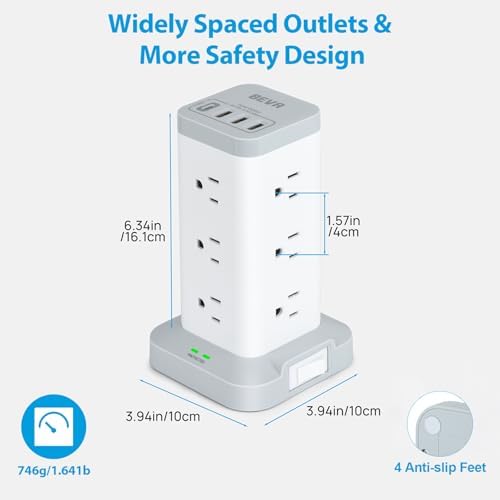 Maximize Workspace Efficiency with the BEVA Surge Protector Power Strip Tower – 12 AC Outlets & 4 Fast-Charging USB Ports, 6.5 FT Extension Cord for Optimal Device Organization and Safety in Office and Home Settings