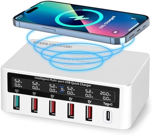 Ultimate 100 W 6-Port USB Charging Hub with Qi Wireless Charging Pad – Rapid Multi-Device Power Station for i Phone, Samsung, Tablets & More – Essential for Home, Office, and Travel Efficiency