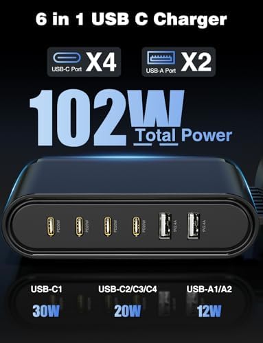 Revolutionize Your Charging Routine with the Essri 102 W 6-Port Ga N USB-C Hub – High-Speed Charging Station with 4 PD 3.0 & 2 USB-A Ports, Perfect for i Phone Pro Max, Samsung Android, and More – Includes 2 x 3.3 Ft Cables for Ultimate Flexibility and Enhanced Device Compatibility – Ideal for Home, Office, and Travel Use – Compact Power Adapter for Efficient and Fast Charging Solutions