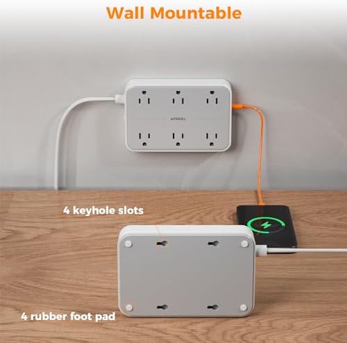 TESSAN 10 FT Flat Extension Cord with Surge Protection: Compact Power Strip Featuring 6 AC Outlets, USB-C & Dual USB-A Ports – Ideal for Home, Office, and Dorm Room Use with Wall Mount Capability for Space-Saving Convenience