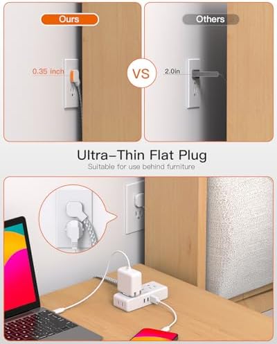 BESHON 10 ft Flat Plug Extension Cord with 4 Wide Outlets & 3 USB Ports (2 USB-C) – Versatile Power Strip for Home, Office & Dorm – Space-Saving Design with Surge Protection & Fast Charging Capabilities