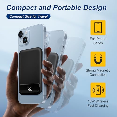 Ultimate 10000 m Ah Magnetic Power Bank – Fast Wireless Charger for i Phone 12-16 Series with Type-C LED Display – Ideal Travel Companion for Business and Leisure – Effortless Magnetic Alignment and Lightweight Design for On-the-Go Charging