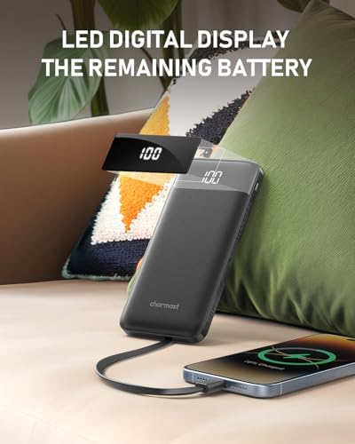 Ultra-Slim 10,000 m Ah Charmast Portable Charger with Built-In Cables – High-Speed 15 W USB-C Power Bank for i Phone 16/15/13, Samsung, and Android Devices – Charge 6 Devices Simultaneously with Real-Time LED Display – Travel-Friendly Battery Pack with Pouch for Added Durability and Low Current Mode for Safe Charging of Earphones and Speakers – Essential Power Solution for Daily Use and On-the-Go Charging