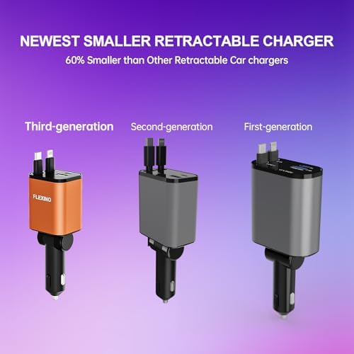 Premium Flexino Compact Retractable Car Charger for i Phone 16 – 69 W Fast Charging with Dual 2.6 ft USB C Cords | Efficient Power Adapter Compatible with i Phone 16/15/14/13/12 Series & Galaxy Devices | Sleek Grey Design for Ultimate Portability and Reduced Cable Clutter