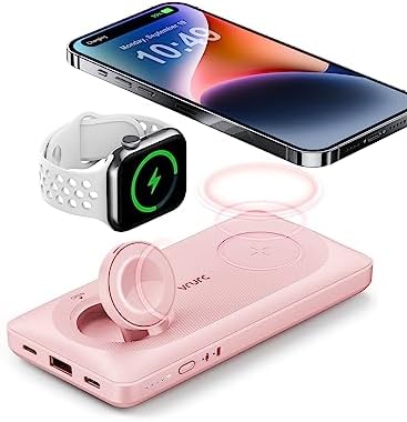 VRURC 10000 m Ah Magnetic Portable Charger – 3-in-1 Fast Wireless Charger for i Phone 14/13/12 Series, Apple Watch & Air Pods – 22.5 W Quick Charge Power Bank in Stylish Pink – Ultimate On-the-Go Charging Solution with Enhanced Compatibility