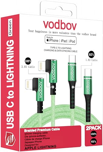 USB-C to Lightning Braided Charging Cable Duo – Fast Charging 90 Degree Right Angle Cord for i Phone – MFi Certified, Durable 10 ft & 6 ft Lengths in Sage Purple – Optimal Comfort & Style for Gaming and Daily Use
