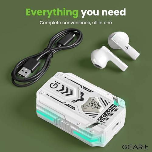 GEARit Ultimate True Wireless Bluetooth Earbuds – Premium Ergonomic In-Ear Headphones with Advanced Noise-Canceling Mic and Sleek RGB Charging Case – Perfect for Active Lifestyles, Business Calls, and Daily Use – Water-Resistant Design Optimized for i Phone & Android – Immerse Yourself in Superior Sound Quality with Cutting-Edge Bluetooth 5.3 Connectivity