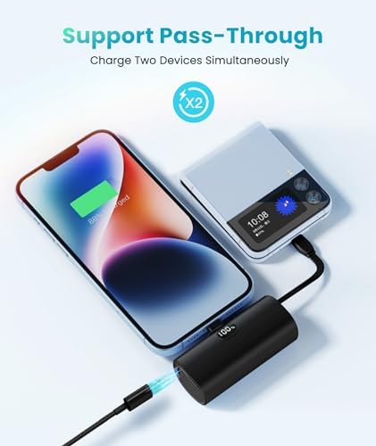 Ultra-Compact 5000 m Ah Power Bank with Built-in USB C Cable for i Phone 15 Pro Max – Reliable Portable Charger for i Phone 14/13, Samsung, Google, and More – Fast Charging Solution for On-the-Go Power Needs (Black)