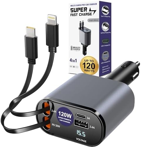 Ultimate Multi Charge Pro 120 W Car Charger – Fast Charging Retractable USB-C & Lightning Adapter for i Phone, Samsung, Tablets | 4-Port Universal Compatibility for Efficient On-the-Go Power Solutions