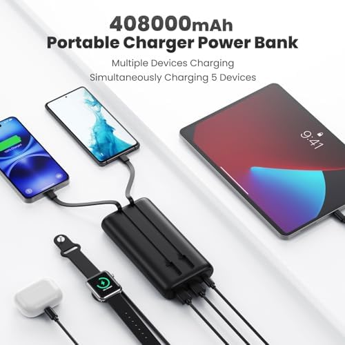 Ultra-High Capacity 40,800 m Ah Power Bank with 25 W Fast Charging – Dual Built-in Cables & 5 Outputs for Quick Device Charging – Compatible with i Phone 16/15 & Android – Sleek Blue Portable Charger for On-the-Go Power Solutions
