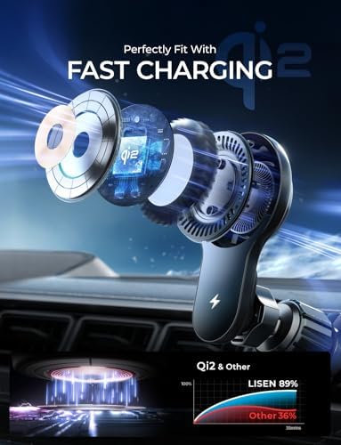 LISEN 15 W Qi2 Mag Safe Car Mount Charger – High-Speed Wireless Charging with Intelligent Cooling System for i Phone 16 Pro Max, Plus 15/14/13 Mini, and Qi-Enabled Devices – Secure Magnetic Hold & Adjustable Viewing Angles for Ultimate Convenience on the Road