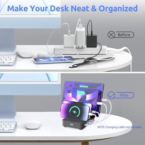 Purple 4-Port Fast Charging Station – Multi-Device USB Organizer Dock for i Phones, i Pads, Kindle Tablets, and More – Efficient Power Management with Enhanced Safety Features and Sleek Design for Home and Office Use
