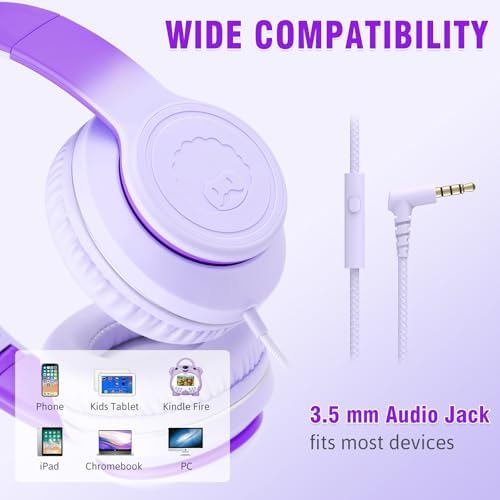 Rockpapa L22 Purple Over-Ear Headphones for Kids & Women – Lightweight, Foldable, and Durable Wired Design with Built-In Microphone for Clear Hands-Free Communication, Perfect for School, Travel, and Daily Use – High-Quality Stereo Sound and Tangle-Free Cord for Seamless Audio Enjoyment
