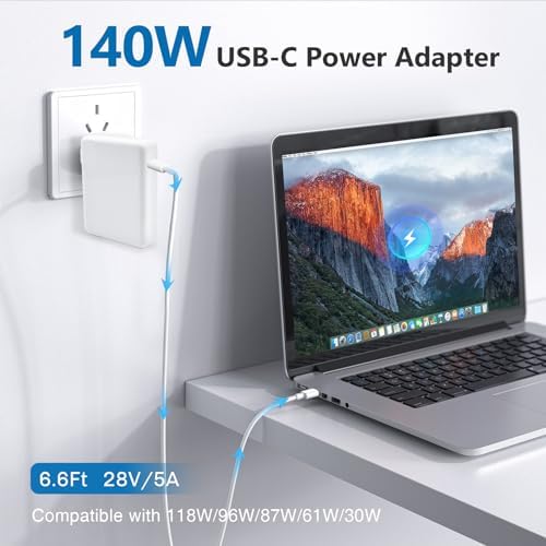 Versatile 140 W USB-C Power Adapter for Mac Book Pro & Air – Fast Charging Solution for All USB-C Devices | 6.6 ft USB-C to C Cable Included | High-Efficiency Design with Overload & Heat Protection | Ideal for Mac Book Pro 16″, 15″, 14″, 13″ Models & i Pad Pro | Unmatched Performance with 99% Efficiency & Wide Compatibility | Safe Charging for Laptops, Tablets, & Smartphones