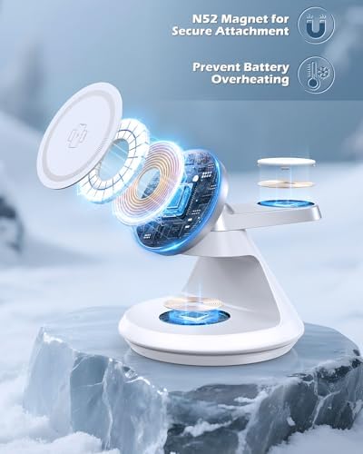 Ultimate 3-in-1 Mag Safe Charging Station: 15 W Fast Wireless Charger with 360° Rotating Dock for i Phone 16/15/14/13/12, i Watch, and Air Pods – Enhanced Magnetic Alignment, Anti-Slip Design, and Dual Orientation Stand for Seamless Charging Experience