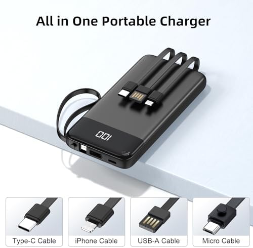 Ultimate 10000 m Ah Portable Power Bank with Built-in Charging Cable and LED Power Indicator – Travel-Ready External Battery Pack for i Phone 16/15, Samsung S22, and Android Devices – Unmatched Compatibility and Rapid Charging for On-the-Go Lifestyles