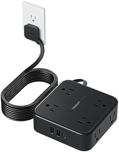 TESSAN Power Strip Tower Surge Protector: 8 AC Outlets & 3 USB Ports (1 USB-C) with 900 Joules Protection, 5 FT Flat Plug Extension Cord – Ultimate Desk Charging Station for Home Office and Dorm Room Efficiency