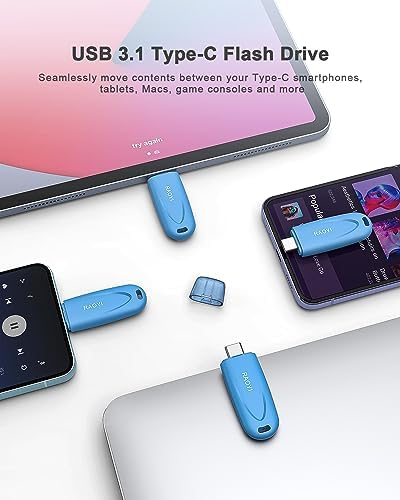 RAOYI 128 GB USB-C Flash Drive – Ultra-Fast USB 3.1 Type C Memory Stick for Effortless Data Transfer – Compact Thumb Drive with Keyring Hole for On-the-Go Storage – Ideal for Laptops, Smartphones, Tablets & Macs – Reliable High-Speed Pen Drive in Striking Blue