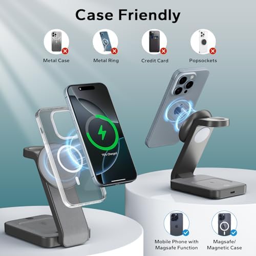 Ultimate 3-in-1 Foldable Wireless Charging Station for Mag Safe – Sleek Nightstand Dock for i Phone 16-13 Pro Max, Apple Watch & Air Pods with Integrated Night Light – Travel-Friendly Design for Effortless Charging and Enhanced Compatibility in Gray