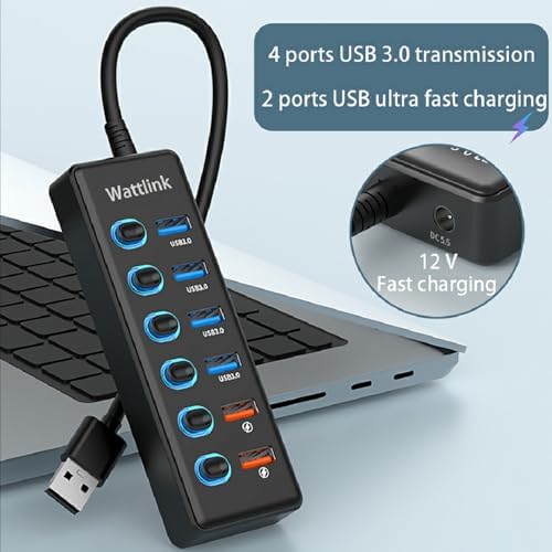 Transform Your Workspace with the Wattlink 6-Port Powered USB 3.0 Hub – Unleash Fast Charging and Data Transfer with Individual LED Switch Controls, Stylish Black Finish for Modern Efficiency