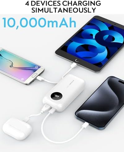 Ayeway Ultra-Compact 10,000 m Ah Portable Power Bank with Integrated Charging Cable – Fast USB C Battery Pack for i Phone, Samsung, and 5 V Heated Vests – Lightweight, Multi-Device Charging Solution for On-the-Go Connectivity