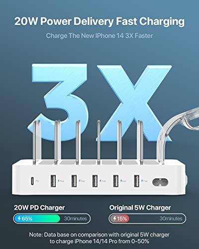 Soo Pii 60 W 6-Port USB-C Charging Station with 20 W Fast Charge – Multi-Device Power Hub for i Phone 14/13/12, Includes 6 Short Cables & 2-in-1 Holder for Organized Charging – Perfect for Home, Office & Travel