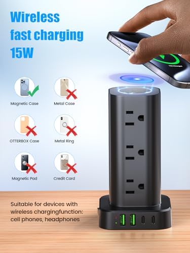 Ultimate Tower Power Strip Surge Protector – 12 AC Outlets & 4 High-Speed USB Ports (2 USB-C) with 6 FT Flexible Extension Cord – Versatile Charging Station for Home, Office, Dorm & Travel (Black) – Unmatched Safety & Space-Saving Design