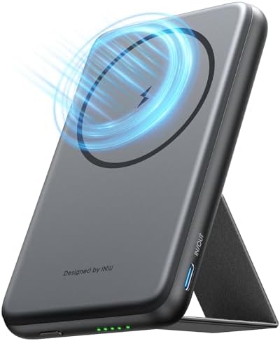 Ultra Slim INIU Mag Safe Portable Charger – 5500 m Ah Magnetic Power Bank with 20 W Fast Charging & Integrated Foldable Stand for i Phone 12-16 Series – Wireless USB-C Battery Pack for Effortless On-the-Go Power