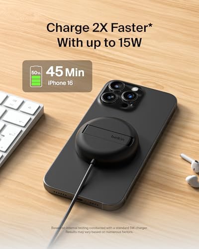 Belkin Boost Charge Pro 15 W Magnetic Wireless Charging Pad with Pop-Up Stand – Qi2-Certified Fast Charger for i Phone 16 Series, Samsung Galaxy S25, and Air Pods – Includes 20 W Power Supply – Eco-Friendly Design with 75% Recycled Materials – Optimal Charging Solution for Home and On-the-Go