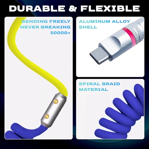 Neon Chubby Spiral Charge Cable – Vibrant 2.29-3.6 FT Type-C Coiled Charger for USB-C and Carplay Devices, Fast Sync and Charge, Tangle-Free Design in Bold Purple and Light Green, Perfect for Smartphones and Tablets