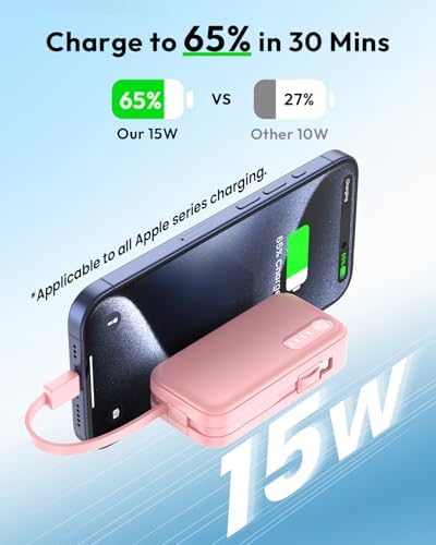 Compact 5000 m Ah Dual Power Bank Set with Integrated Cables – Ultra-Slim Fast Charging Portable Chargers for i Phone & Android | Stylish Travel Power Solutions in Black & Pink for Effortless Energy on the Move