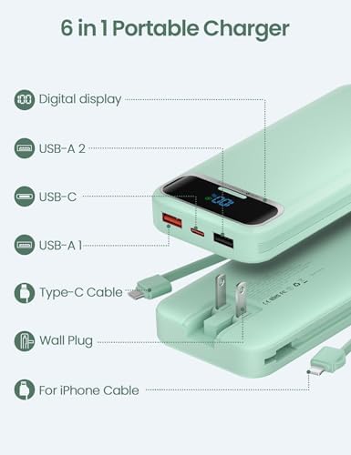 12000 m Ah Ultra-Light Portable Power Bank with Built-In Cables & AC Wall Plug – PD20 W USB-C Fast Charging for i Phone, Samsung & Android – LED Display for Battery Monitoring – Ultimate Travel Companion for Quick Device Recharging