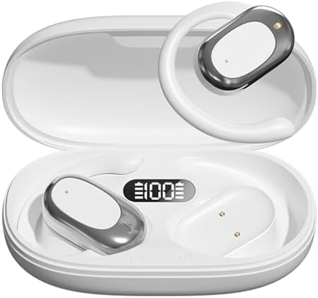 Revolutionary Open-Ear Wireless Earbuds with Customizable Comfort Hooks – 36-Hour Extended Playtime, Cutting-Edge Bluetooth 5.4 Technology, Exceptional Sound Performance, and Clear Call Quality – Ideal for Fitness Enthusiasts and Outdoor Adventures – Chic LED Highlights – White M57