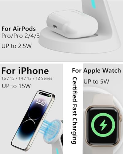 3-in-1 Mag Safe Wireless Charging Station: Fast 15 W Charger for i Phone 16/15/14/13/12, Apple Watch, and Air Pods – Compact Design for Clutter-Free Workspaces with Enhanced Magnetic Alignment and Safe Charging Technology