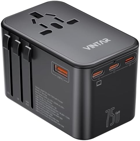 VINTAR Universal Travel Adapter 75 W Ga N Technology: Ultimate All-in-One Power Converter with 3 USB-C PD and 2 USB-A Quick Charge Ports for Global Use – Compact Power Solution for Laptops & Smartphones in 200+ Countries – Reliable Performance with Safety Features for Hassle-Free Charging
