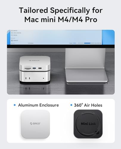 Unleash the Full Potential of Your Mac Mini with the ORICO Mini Link M4 Hub: High-Speed 5 Gbps USB 3.0 Connectivity, Versatile SATA SSD Enclosure, Dual Card Readers for Effortless File Management, and Dedicated Audio Jacks for Enhanced Multimedia Experience