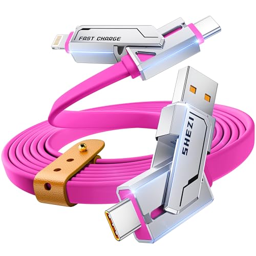 SHEZI 4-in-1 240 W USB C Lightning Cable – Versatile 5 FT Fast Charging & Data Transfer Cord for i Phone, i Pad | Durable Flat Silicone Design, Multi-Device Compatibility with USB A/C Ports | Tangle-Free Convenience for Home & On-the-Go Charging