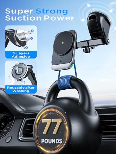 Hinyx 15 W Magnetic Wireless Car Charger for Mag Safe – Fast Charging Phone Mount Compatible with i Phone 15/14/13/12/11 Pro Max, Samsung, Google, LG – Secure Vent & Dash Holder for Effortless Navigation and Music Control